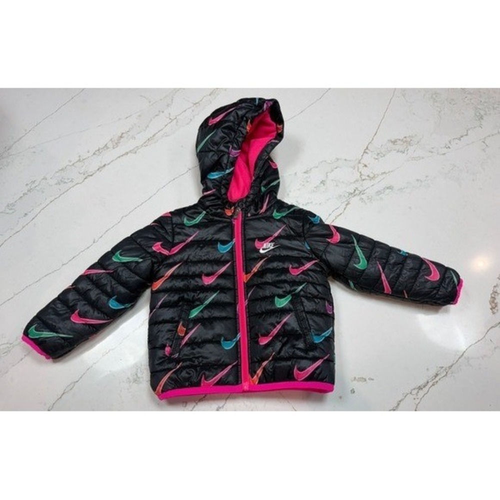 Nike Toddler Girls Black Multi-Color Swoosh Print Hooded Puffer Jacket 18M